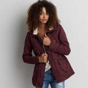 New XXS American Eagle hooded waxed cotton parka in Burgundy